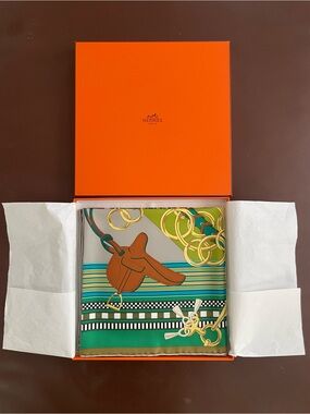 Hermes Green Teal Orange Brown Silk Scarf with Gold Chain Motif